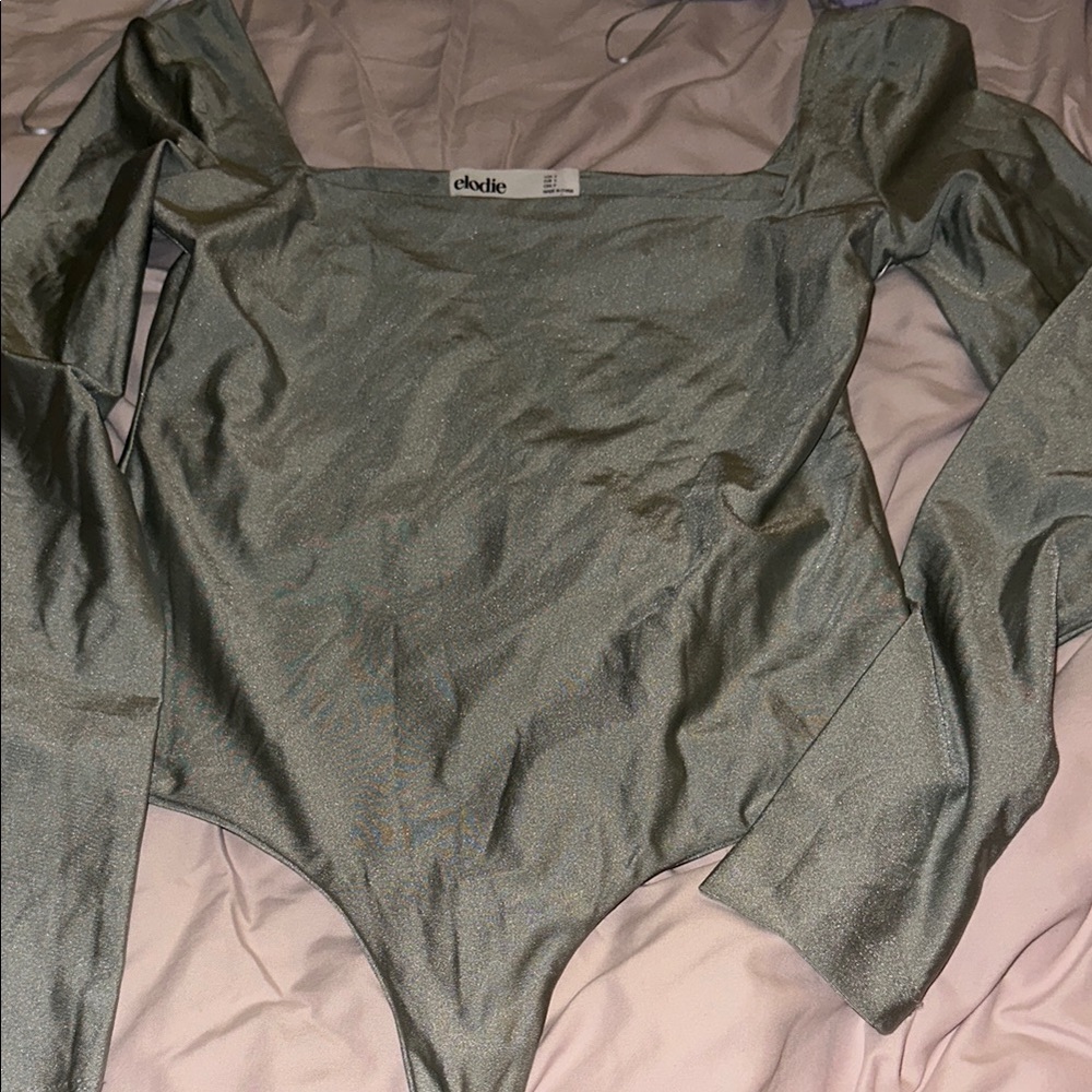 Elodie Green Asymmetrical Puff Sleeve Bodysuit